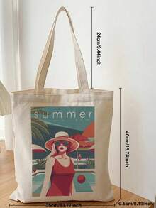 Beekinn Rabbit And Bear Pattern Canvas Tote Bag, Reusable Casual Shoulder Shopping Handbag Cotton Bag,Fashion Large Capacity Tote Bag Cartoon Gift Teacher Gift Bag On Christmas And Halloween For Mother's Day - Beige - View 1