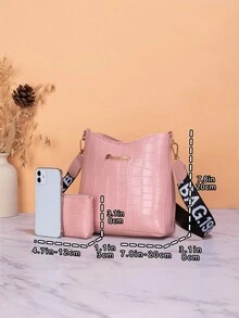 2 件套迷你鳄鱼水桶包，时尚字母贴片装饰斜挎包，带小零钱包的卡袋，织带女式斜挎包，适合女士、大学生、约会、户外、通勤、购物、装饰包 - 粉色 - 查看 4