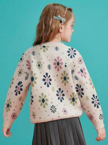 Girls Floral Pattern Drop Shoulder Jumper - Multicolor - View 3