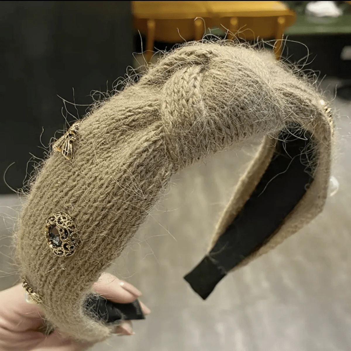 1 件冬季針織結頭帶,帶水鑽裝飾和寬髮帶,用於護髮 - 卡其色 - 查看 1