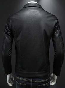 Herren Windbreaker-Jacke im Boyfriend-Stil aus Pu-Leder mit Knopfkragen, für Radfahren und Motorradfahren, Schwarz