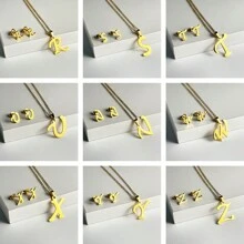 1set European And American Style Stainless Steel 26 Alphabet Pendant Necklace, 3pcs/Set. Name Initial Letter S Simple Pendant Collarbone Chain Earrings Set, Versatile Sweater Chain Non-Fading Diy Letter Pendant Collarbone Chain, Necklace And Earrings Set - Gold - View 4