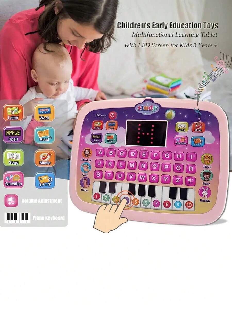 Children's Tablet/Learning Pad With Led Screen For Teaching Alphabet, Numbers, Words, Music, Math, Early Development Interactive Electronic Education Toy, Birthday Gift For Boys And Girls (Battery Not Included) - Pink - View 1