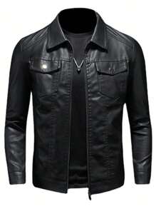 Herren Windbreaker-Jacke im Boyfriend-Stil aus Pu-Leder mit Knopfkragen, für Radfahren und Motorradfahren, Schwarz