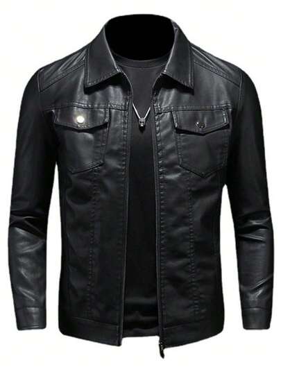 Boyfriend Style Men's Windproof PU Leather Sports Jacket With Button-Down Collar, For Biking And Motorcycling, Black