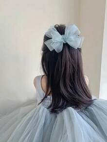 公主風格兒童雙層網狀蝴蝶結髮夾,適合小女孩表演髮飾 - 藍色 - 查看 4