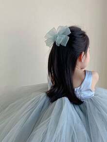 公主風格兒童雙層網狀蝴蝶結髮夾,適合小女孩表演髮飾 - 藍色 - 查看 1