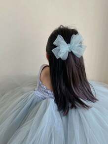 公主風格兒童雙層網狀蝴蝶結髮夾,適合小女孩表演髮飾 - 藍色 - 查看 2