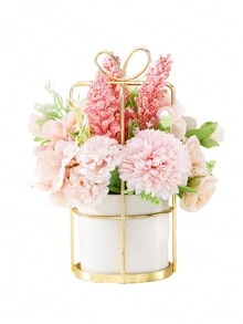 1pc Artificial Flower Home Decor Nordic Style Ceramic Potted Plant (Pink Rose & White Bowknot & Golden Stand Basket) - Pink - View 3