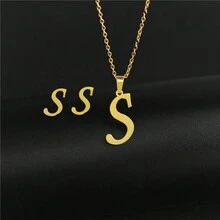 1set European And American Style Stainless Steel 26 Alphabet Pendant Necklace, 3pcs/Set. Name Initial Letter S Simple Pendant Collarbone Chain Earrings Set, Versatile Sweater Chain Non-Fading Diy Letter Pendant Collarbone Chain, Necklace And Earrings Set - Gold - View 2