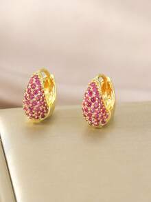 1對流行的銅鍍單面全鑽圈耳環,適用於女性禮物和派對穿著 - 水鴨藍 - 查看 3