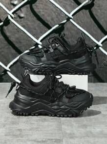 男士貼布裝飾前綁帶老爹鞋,黑色圓頭運動鞋適用於日常 - 黑色 - 查看 1