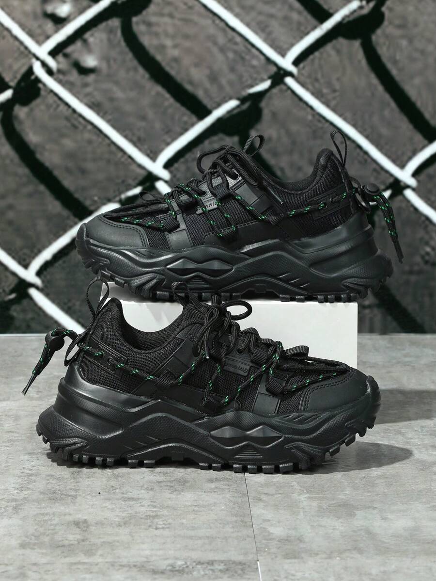 男士貼布裝飾前綁帶老爹鞋,黑色圓頭運動鞋適用於日常 - 黑色 - 查看 1