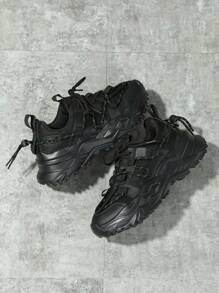 男士貼布裝飾前綁帶老爹鞋,黑色圓頭運動鞋適用於日常 - 黑色 - 查看 4