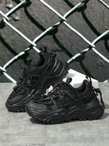 男士貼布裝飾前綁帶老爹鞋,黑色圓頭運動鞋適用於日常 - 黑色 - 查看 2