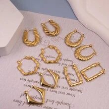 5對簡約不銹鋼圓形/方形/扭結油壓環耳環套裝 - 金色 - 查看 6