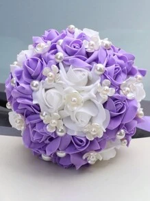 1件新娘捧花，珍珠玫瑰花束，求婚舞会玫瑰捧花，惊喜礼物仪式伴娘捧花 - 彩色 - 查看 1