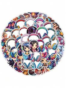 50pcs Colorful Headphones Headphones Cartoon Characters Graffiti Stickers, Waterproof Stickers For Water Bottles, Backpacks And Laptops - Multicolor - View 1
