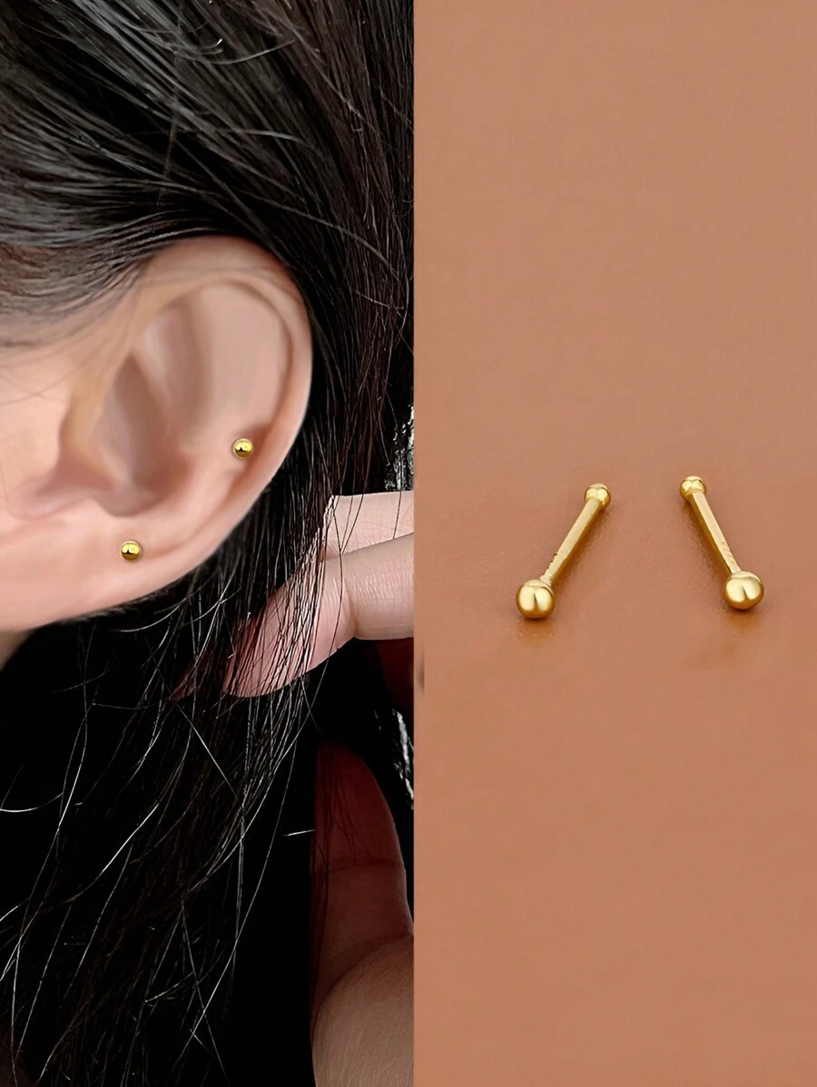 一對s925純銀珠飾耳棒耳針,小球和大球耳針,適用於女學生夏季配件,日常佩戴 - 金色 - 查看 1