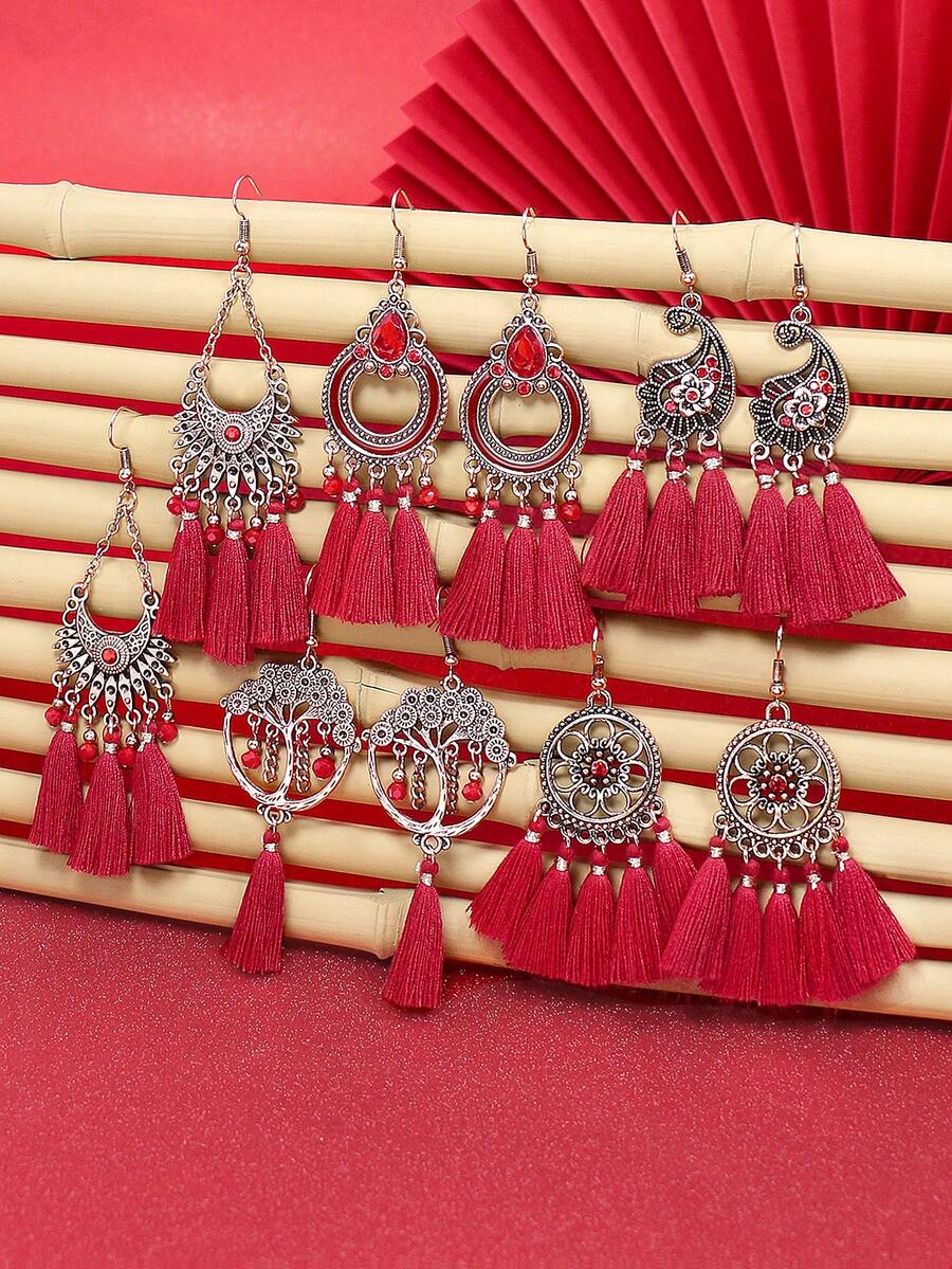 HANQI 3入組新年復古風格女士時尚紅色耳環套裝,帶流蘇,中空設計和鑽石裝飾,適用於日常生活,外出,工作,街頭拍攝,攝影,派對和其他場合 - #2 紅色3對裝 - 查看 1