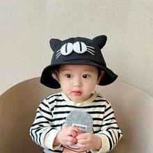 嬰兒帽子春秋輕便嬰兒太陽帽可愛的3D貓形無性別桶帽適合男女寶寶，1-3歲 - 黑色 - 查看 9