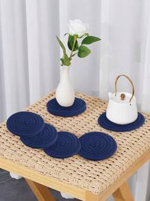 1個4.8英寸/12厘米杯墊,螺紋針織圓形飲用隔熱墊,吸水且耐熱飲料杯墊 - 藏蓝色 - 查看 4