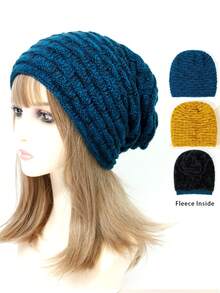 1pc Women's Thickened And Thermal Lined Warm Knitted Beanie Hat For Fall And Winter - Yellow - View 1