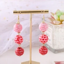 1 Pair Of Creative Spherical Pink Valentine's Day Atmosphere Wooden Women Earrings Heart Pattern Earrings - Pink - View 13