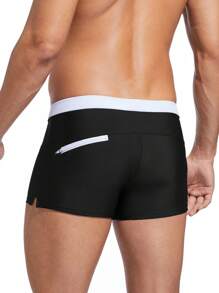 Men Drawstring Waist Split Hem Swim Trunks - Black - View 3