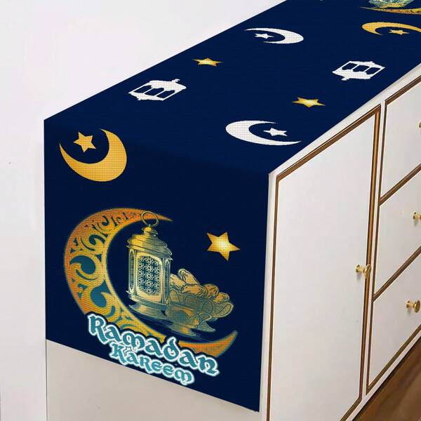 1pc Linen Rectangle Table Runner, Moon & Star Print Table Decoration For Kitchen Dining Room, Suitable For Indoor And Outdoor Festival Decoration