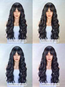 女士长款黑棕色波浪假发，棕色卷发刘海假发，水波纹合成纤维假发，耐热，适合日常佩戴和派对