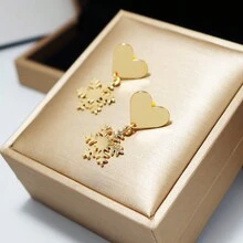 1pair Cross-Border Autumn, Winter, Spring Ins Style Copper Alloy Gold Plated Smooth Heart & Snowflake Dangle Earrings, Suitable For Women's Travel, Vacation, Fashionable Accessory - Gold - View 4