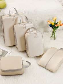 6入組旅行收納袋,可壓縮收納衛生用品/化妝品/電子產品/衣物/鞋子/行李整理袋 - 黑色-六件套 - 查看 5