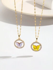 Conjunto De Collar Colgante De Diseño Simple De Mariposa Y Geometría Con Incrustación De Diamantes De Imitación, Regalo Para Pareja / Amigos Íntimos - Multicolor - Ver 1