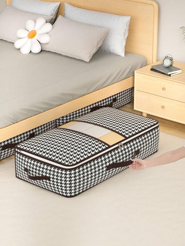 1PC Black And White Thousand Bird Grid Clothing Storage Bag, Bed Bottom Storage Bag, Quilt Storage Bag, Cabinet Top Storage Bag, Foldable Storage Bag, Suitable For Storing Idle Clothes And Items Under The Bed Decorations Decor Festival Decor Room Decor Home Decor Decor Bedroom Decor