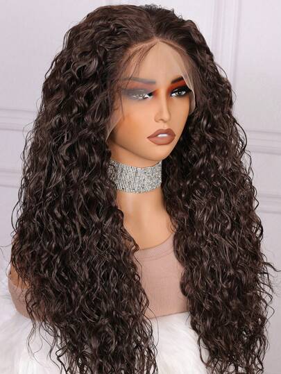 1pc Chocolate Brown Soft Lace Front Wig, 28 Inch Long Wavy Synthetic Hair, 180 Density, Middle Part Fluffy Curly, Suitable For Christmas & Baby Styles, No Glue Needed, Pre-Plucked, Daily Wear