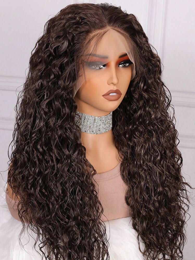 1 st. chokladbrun mjuk peruk med spetsfront, 62 cm långt vågigt syntetiskt hår, 180% densitet, fluffigt lockigt mittparti, lämplig för jul- och babyfrisyrer, inget lim behövs, förplockad, vardagsbruk - Brun - Visa 1