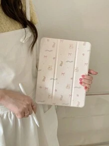 Pink Mirror Finish Colorful Ribbon Design Rotatable Stand Tablet Case With Bear Decoration - Pink - View 1