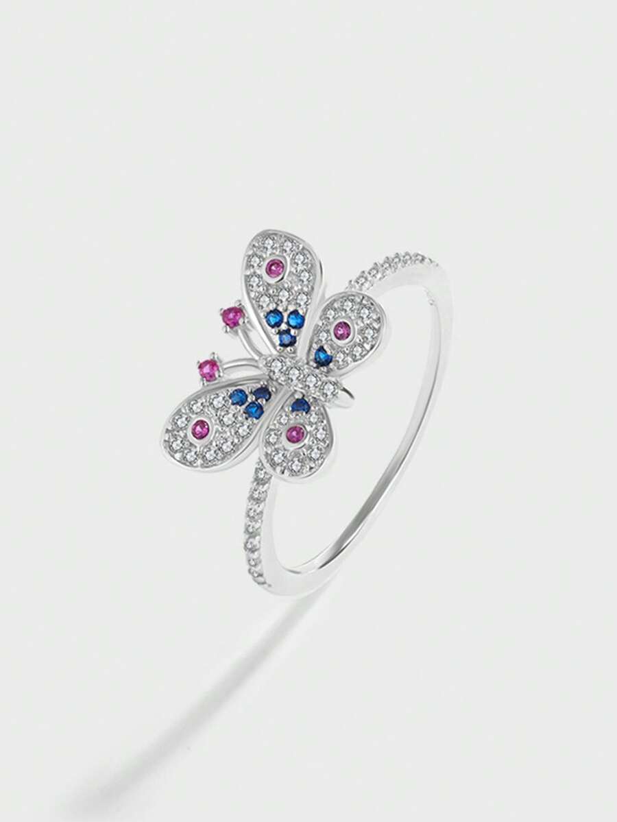 輕奢風格獨特設計925純銀蝴蝶戒指,配鋯石女款 - 彩色 - 查看 1