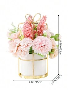 1pc Artificial Flower Home Decor Nordic Style Ceramic Potted Plant (Pink Rose & White Bowknot & Golden Stand Basket) - Pink - View 2
