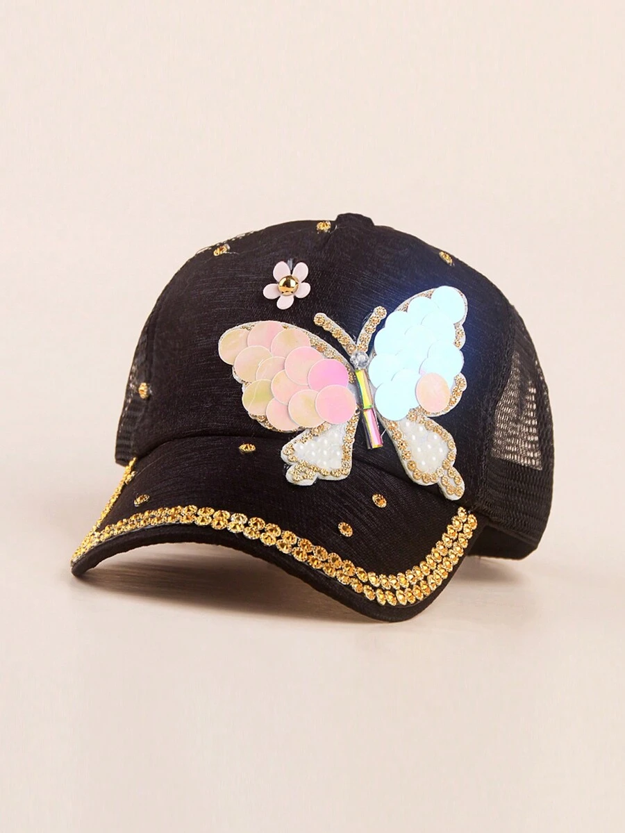 1pc Kids Girls Handmade Sequin Large Bow Mesh Breathable Baseball Cap, Casual Wear - Black - View 1