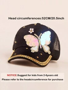 1pc Kids Girls Handmade Sequin Large Bow Mesh Breathable Baseball Cap, Casual Wear - Black - View 3