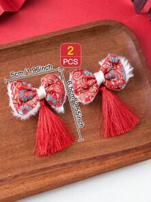 2入組兒童髮飾，紅色可愛的蝴蝶結流蘇裝飾鱷魚夾，帶有緞帶邊緣 - 彩色 - 查看 3