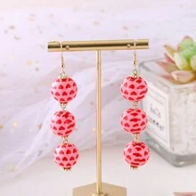 1 Pair Of Creative Spherical Pink Valentine's Day Atmosphere Wooden Women Earrings Heart Pattern Earrings - Pink - View 19