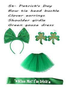 聖帕特裡克節套裝,包括蝴蝶結頭飾、三葉草耳環、kissme肩帶、綠色薄紗裙和愛爾蘭四件套裝 - 綠色 - 查看 1