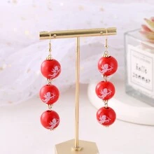 1 Pair Of Creative Spherical Pink Valentine's Day Atmosphere Wooden Women Earrings Heart Pattern Earrings - Pink - View 20