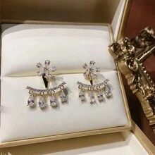 白石頭花朵耳環時尚套裝,百搭風格,兩種穿戴風格,前後配戴耳環 - 金色 - 查看 4