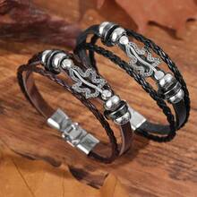 1pc Fashionable Multi-Layer Leather Bracelet With Gold-Tone Tree Leaf Themed Double Buckles Closure - Brown - View 1