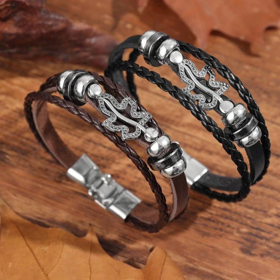 1pc Fashionable Multi-Layer Leather Bracelet With Gold-Tone Tree Leaf Themed Double Buckles Closure - Brown - View 1