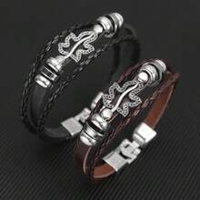 1pc Fashionable Multi-Layer Leather Bracelet With Gold-Tone Tree Leaf Themed Double Buckles Closure - Brown - View 2
